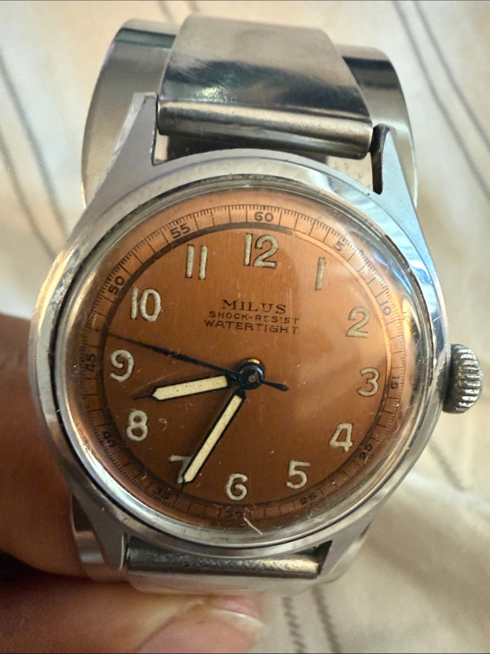Rare Vintage Milus military-style 1940s watch mounted to a metal bracelet